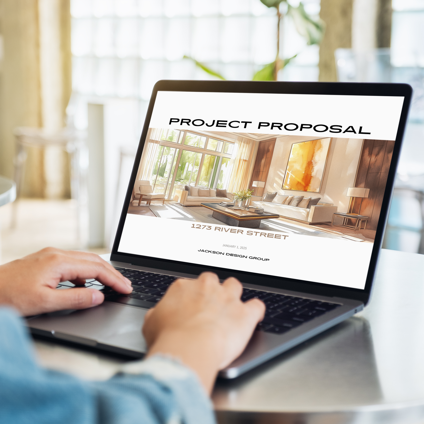 An interior designer working on a laptop displaying a customizable Project Proposal template. From the LSI Workshop Jackson Collection.
