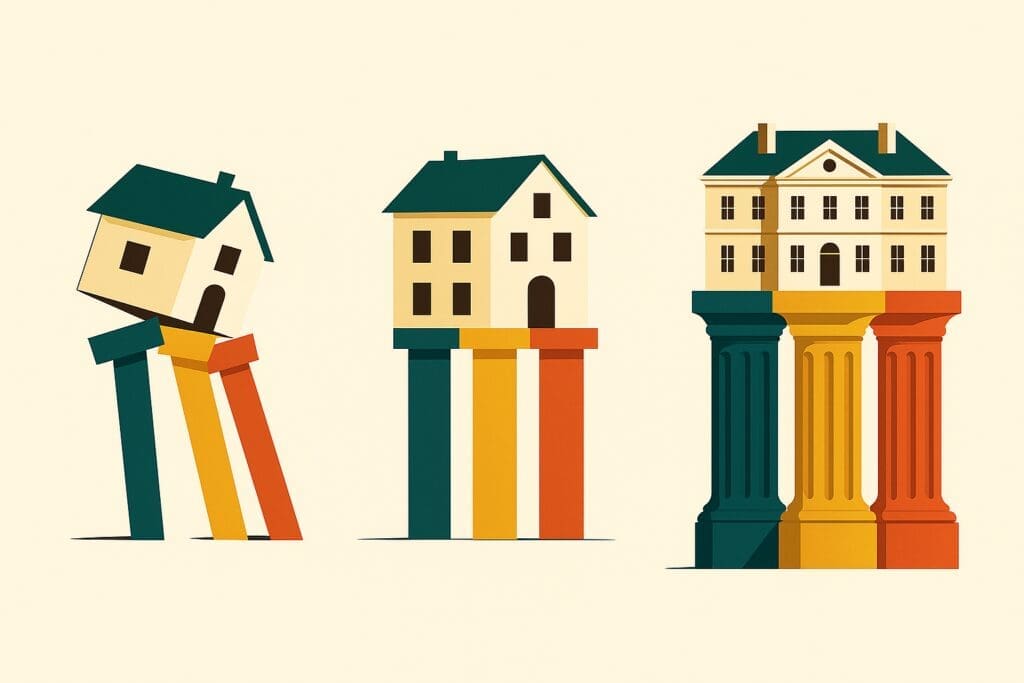 Three drawings of houses sitting on three pillars. The first is a small house wobbling on small pillars. The second is a medium house sitting firmly on medium-sized pillars and the third is a mansion sitting on three very large, grand pillars