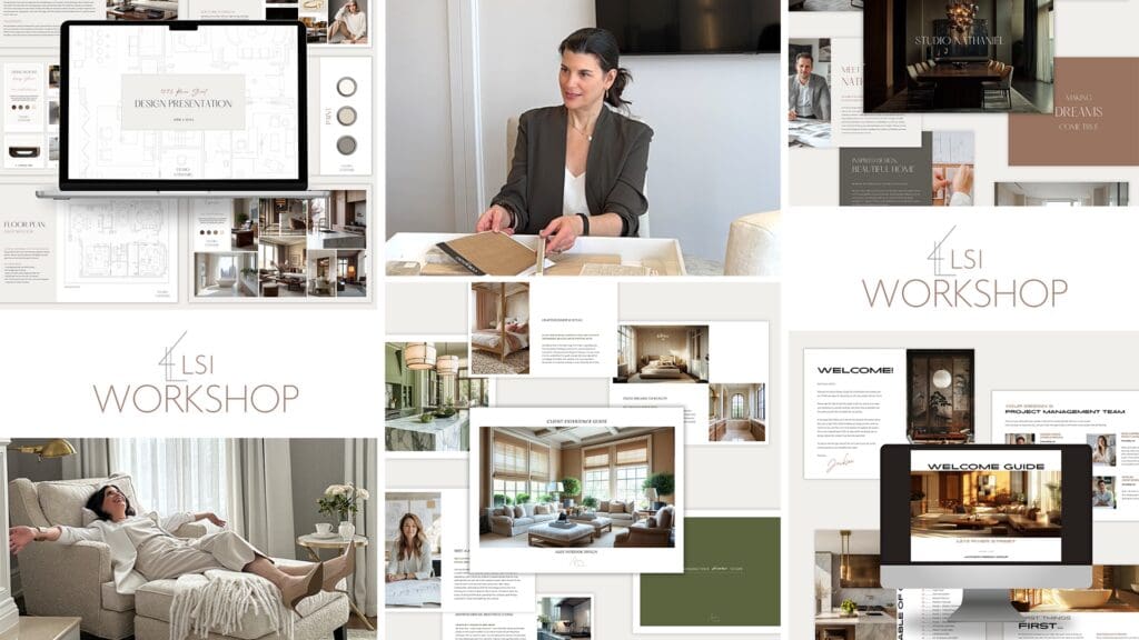 Collage of images of LSI Workshop interior design business templates and mentor, Laura Stein.
