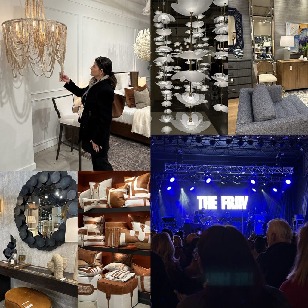 A collage of images from High Point Furniture Market, including Laura looking at a light fixture.