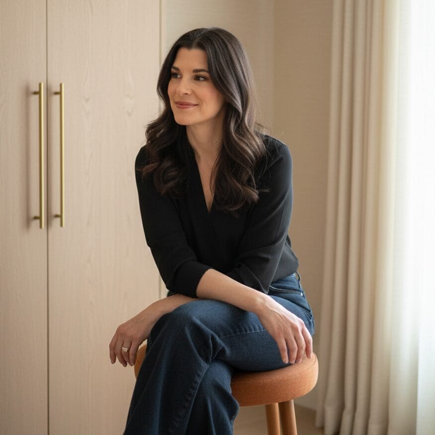 Portrait of Laura Stein sitting on a stool, looking off to the left.